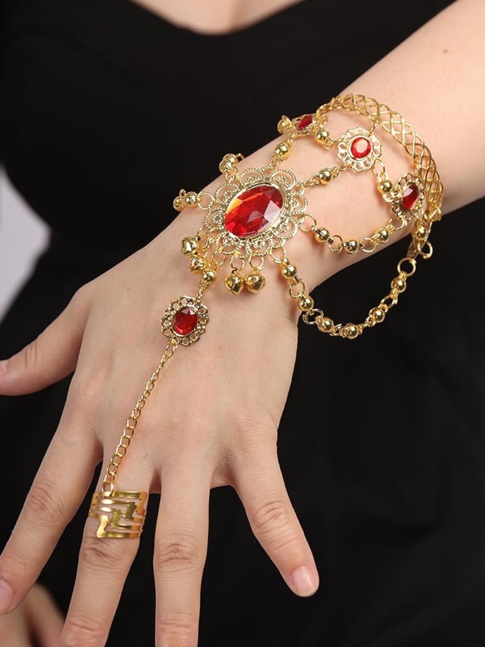 Anthropologie Gold Hand Chain Bracelet with Red Gemstones